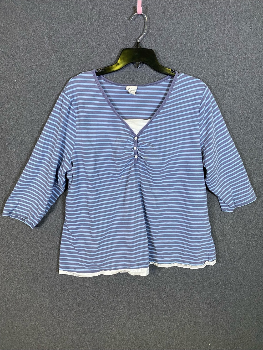 Striped Blue V-Neck Women's Top with Button Placket